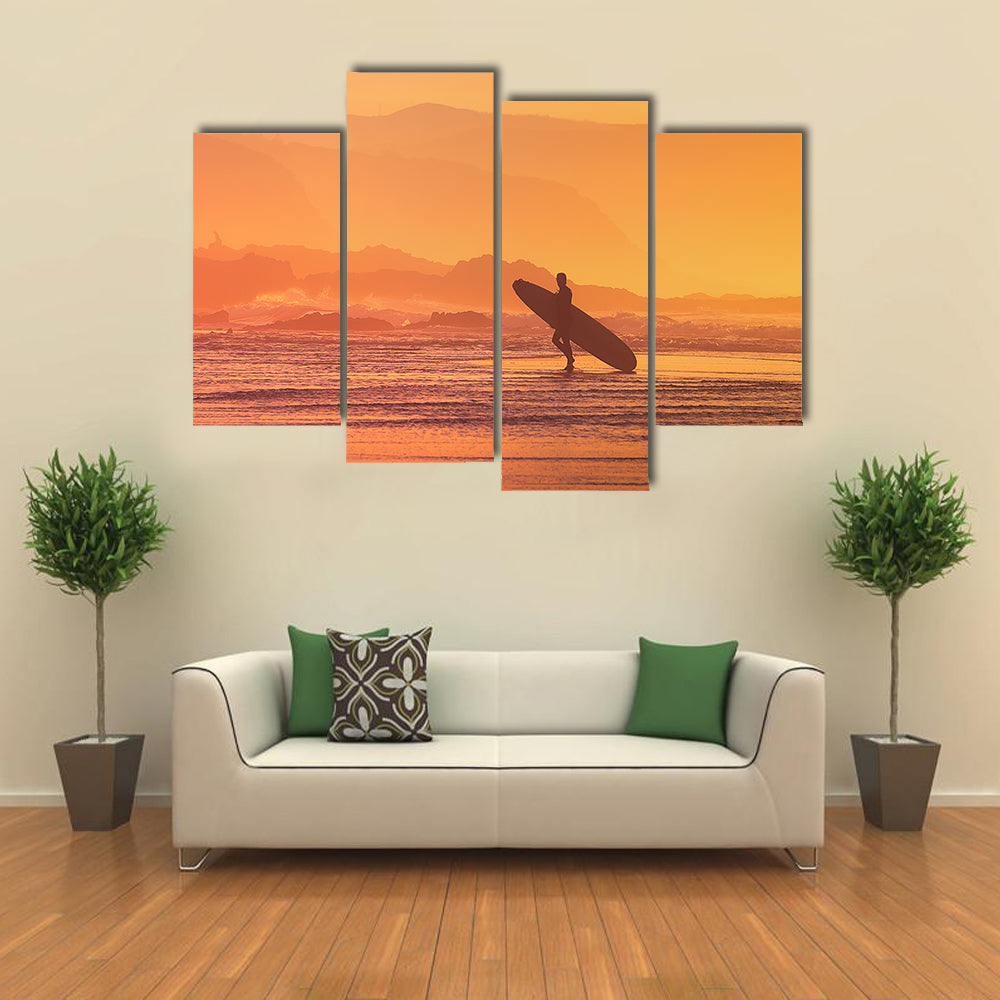 Surfer Silhouette At The Sunset Canvas Wall Art