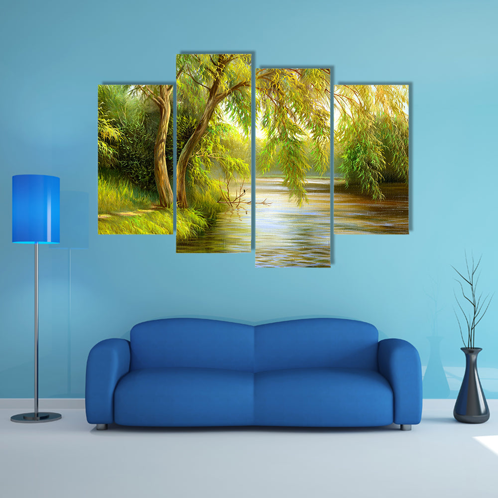 Summer Riverbank with Weeping Willow Canvas Wall Art