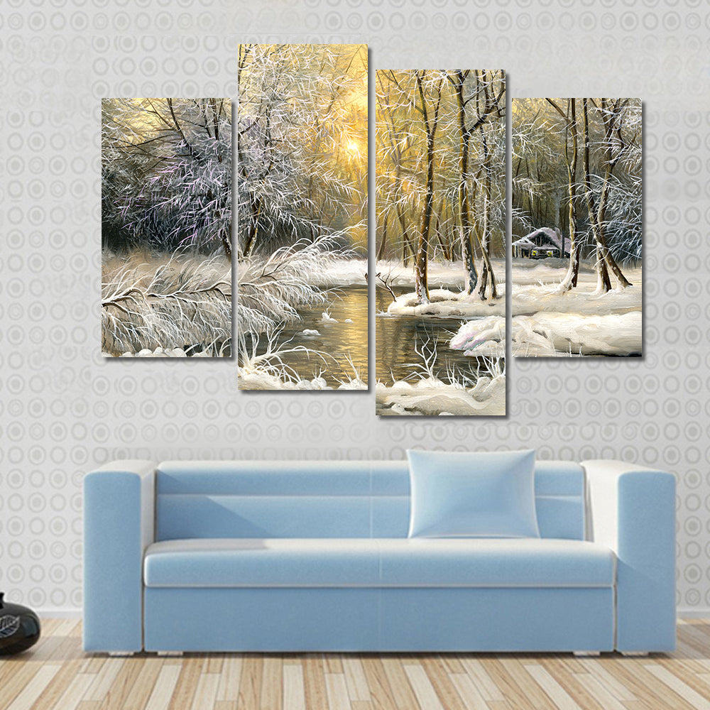 Winter Wooden Forest Lake Canvas Wall Art