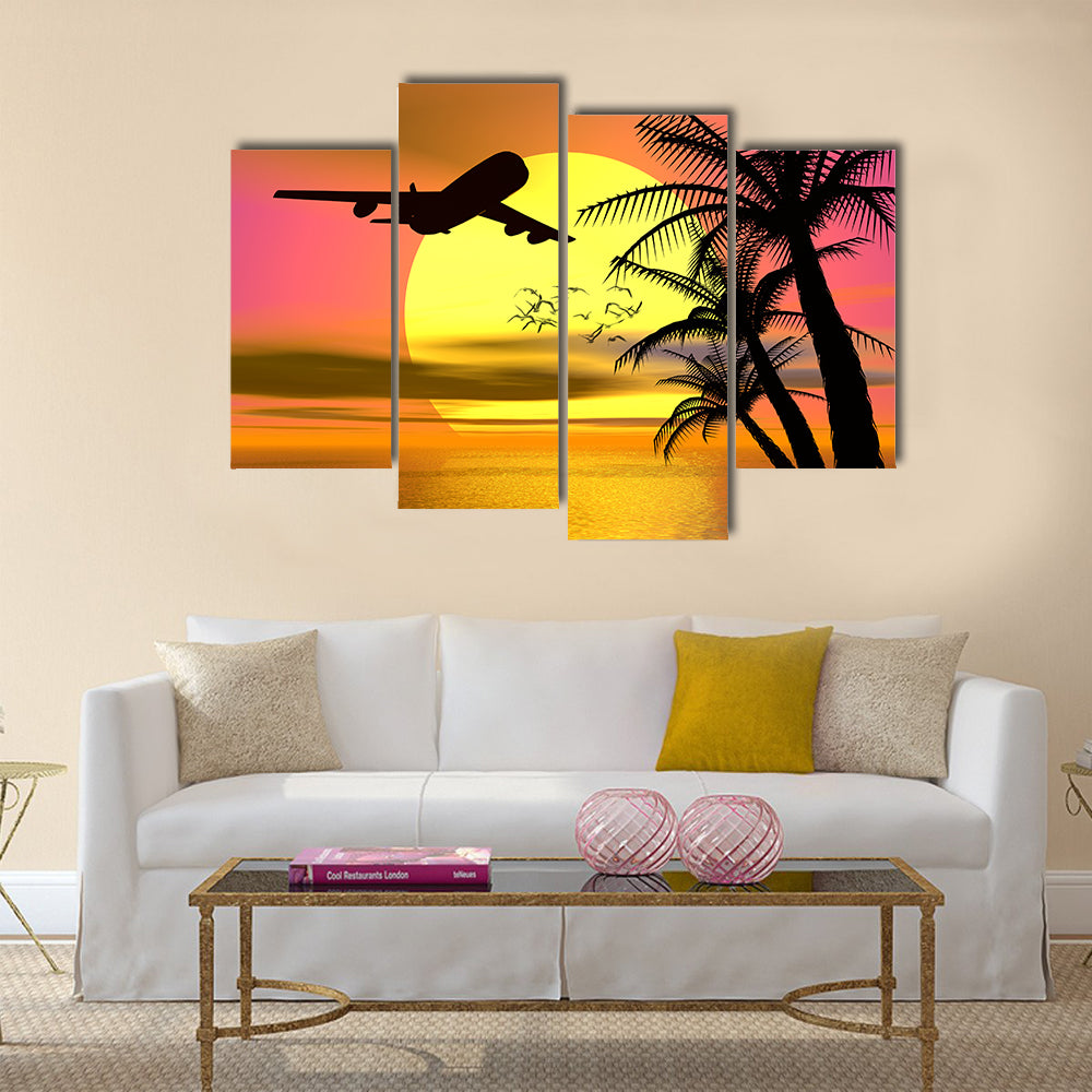 Tropical Sunset With Airplane Canvas Wall Art
