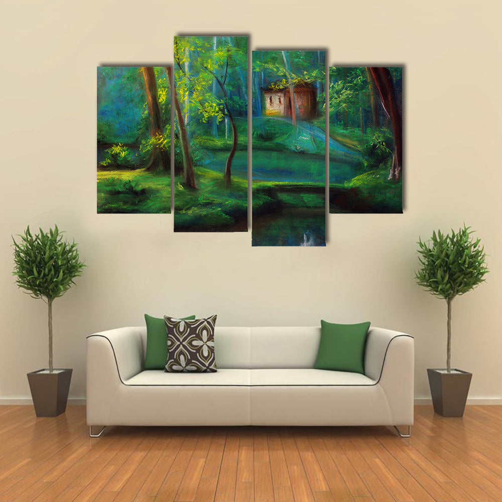 Fairy Tale Forest Cabin at Dusk Canvas Wall Art