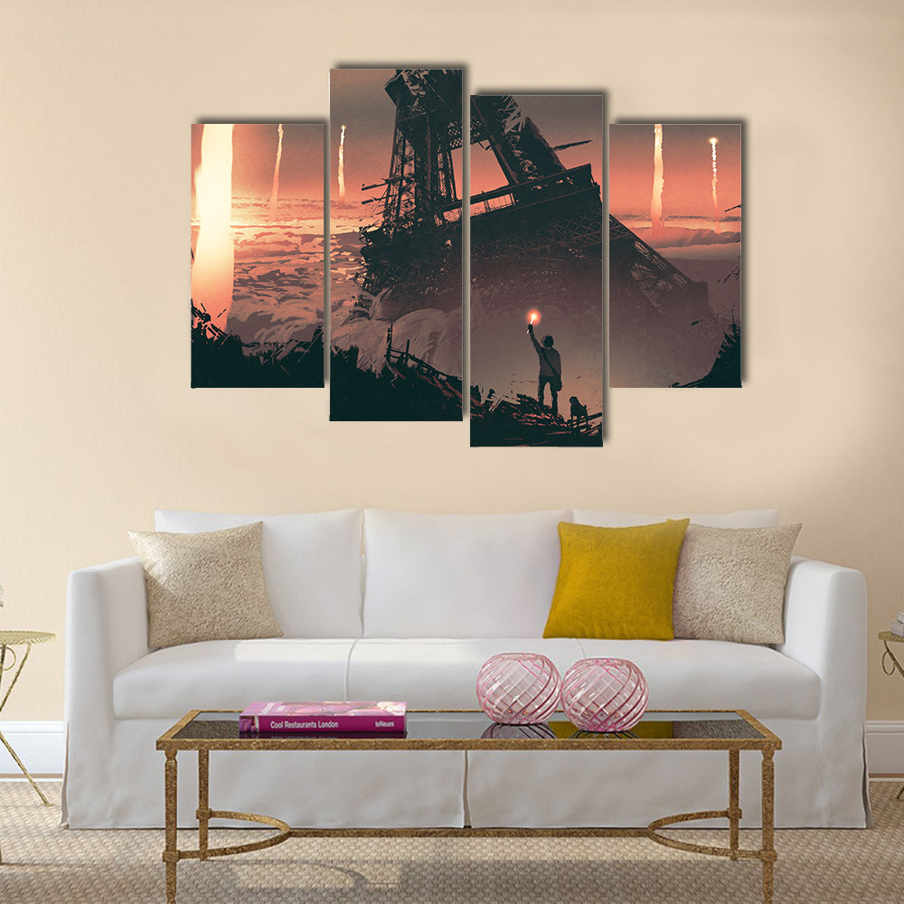 Silhouetted Man at Crumbling Eiffel Tower Canvas Wall Art in black, brown and orange, framed print, product view on a white background