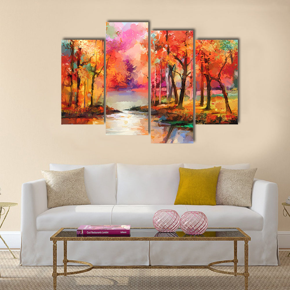 Autumn Forest with River Canvas Wall Art