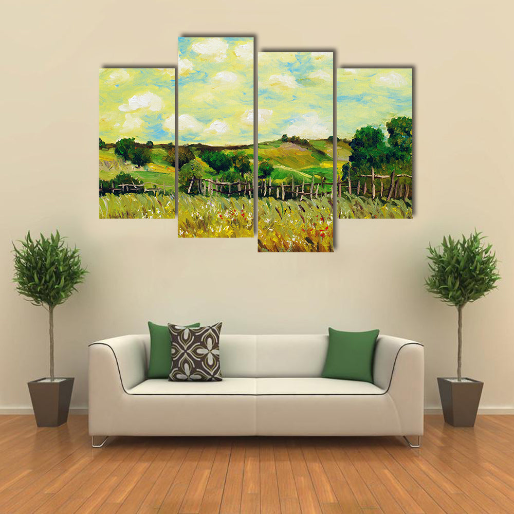 Sunlit Rolling Green Farm Fields Painting Canvas Wall Art