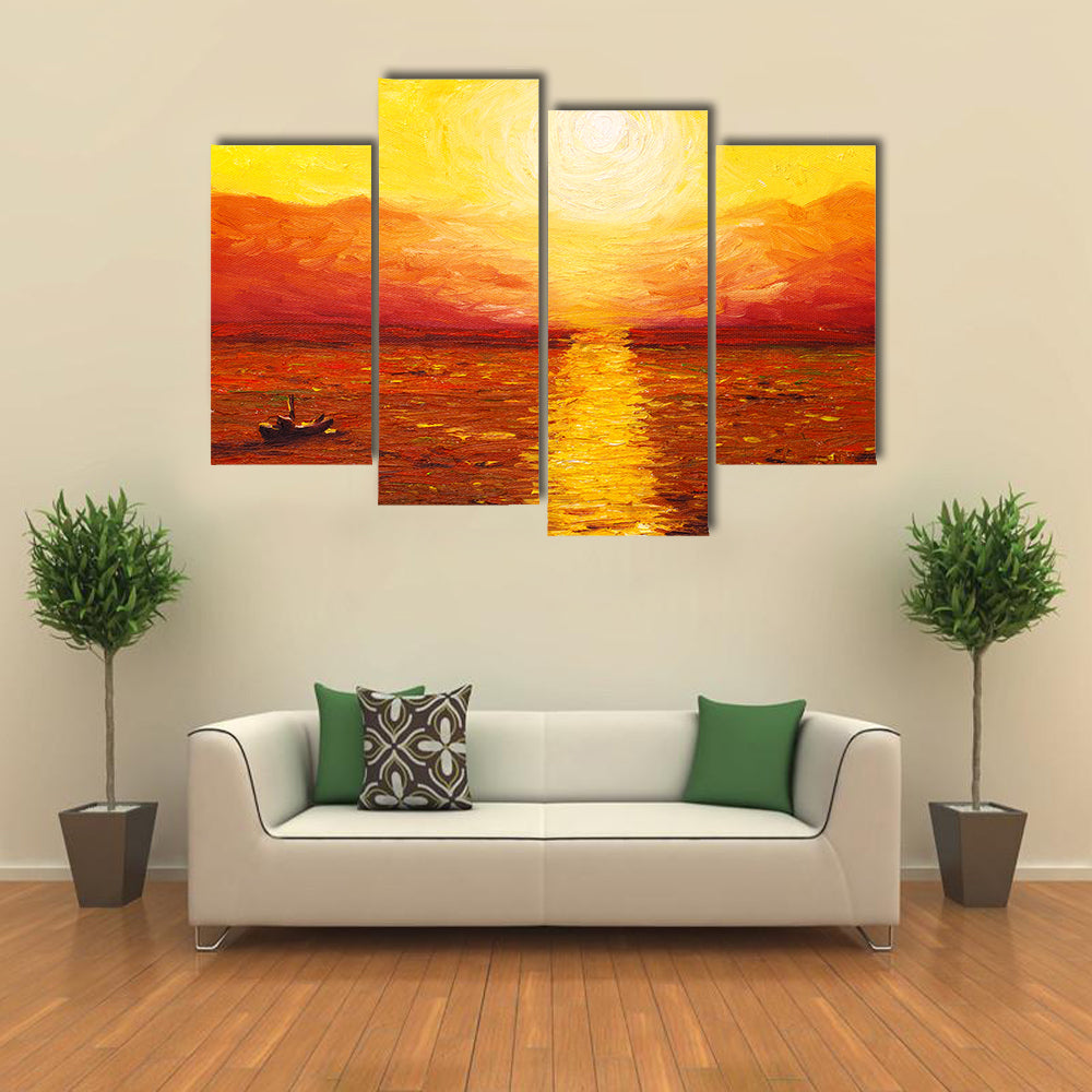 Sunset Sea with Boat Oil Painting Canvas Wall Art