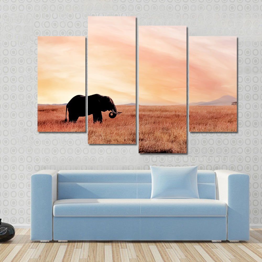 Lonely Elephant In Savannah Sunset Canvas Wall Art
