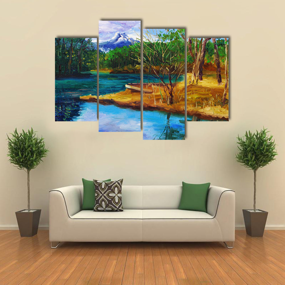 Autumn Lake with Rowboat and Mountain Reflection Canvas Wall Art