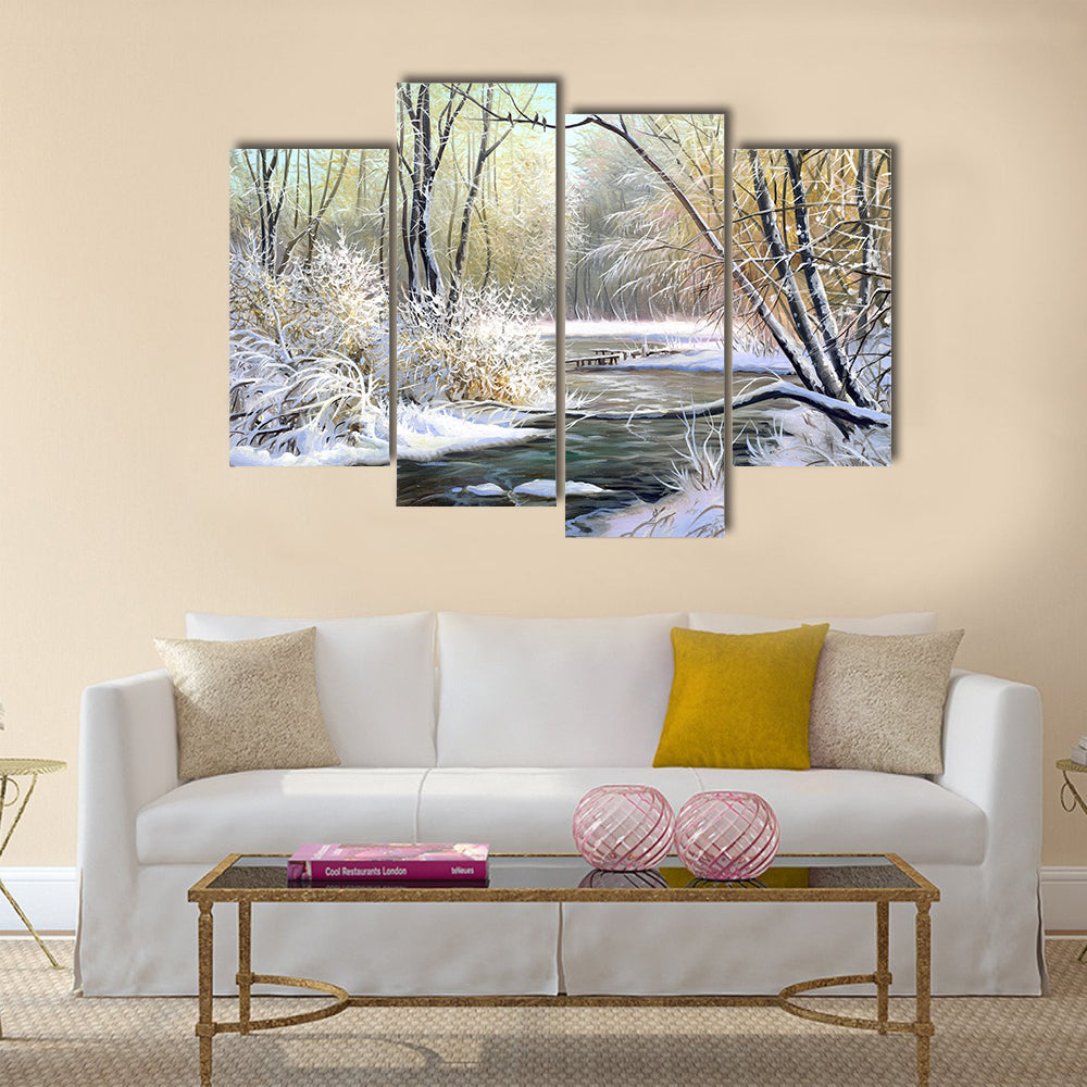 River In Winter Forest Canvas Wall Art