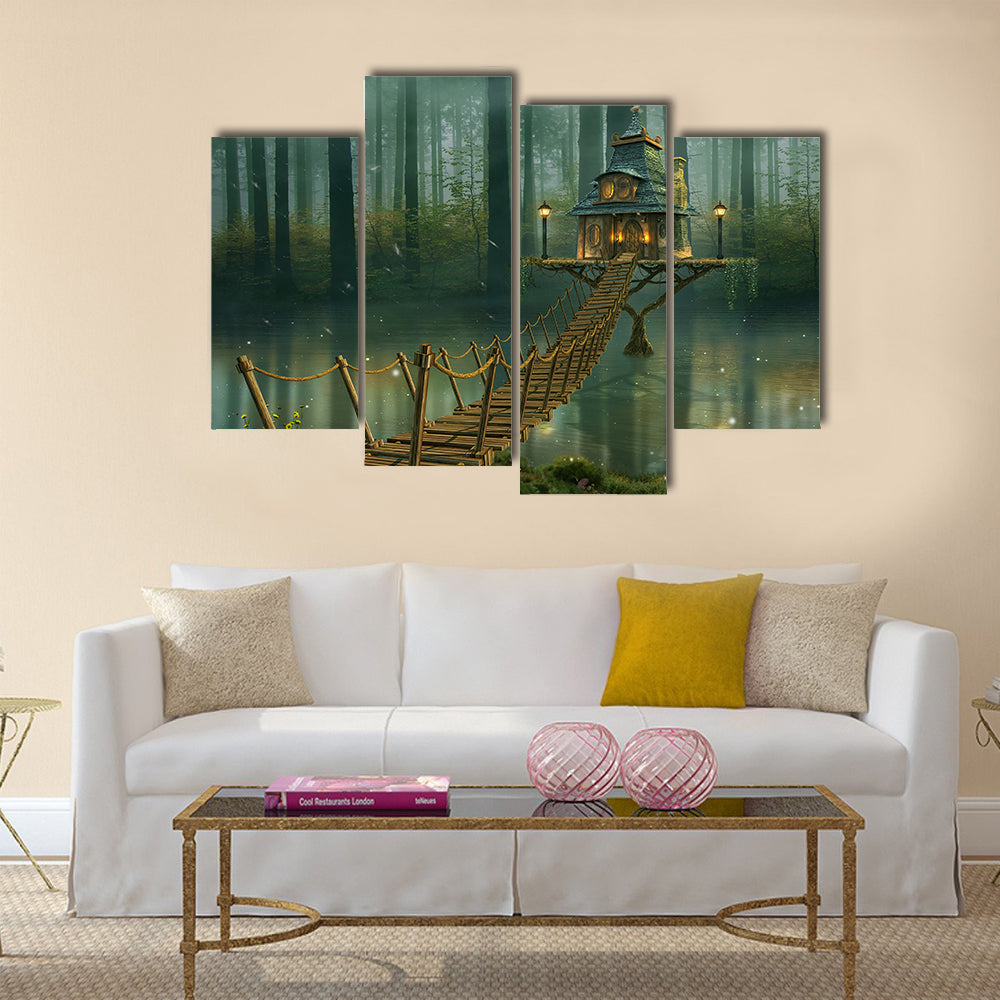Fairy House on Tree Trunk with Rope Bridge Canvas Wall Art