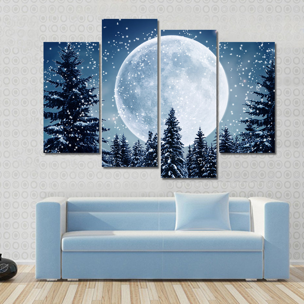 Winter Scene In Full Moon Canvas Wall Art