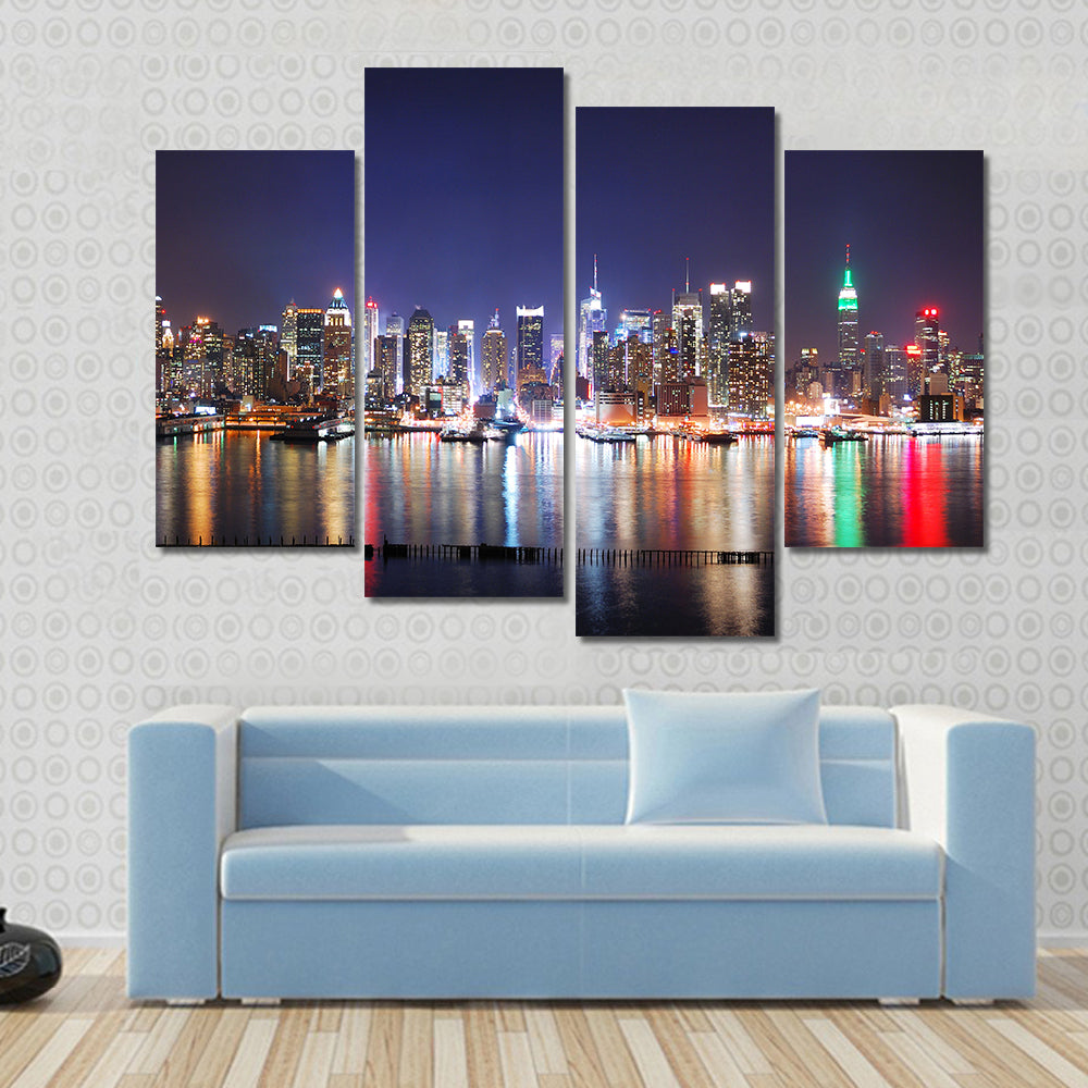 Times Square Reflections Over Hudson River Canvas Wall Art