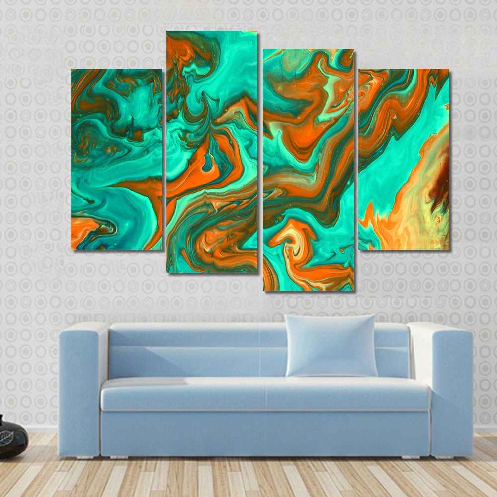Turquoise and Orange Liquid Abstract Canvas Wall Art