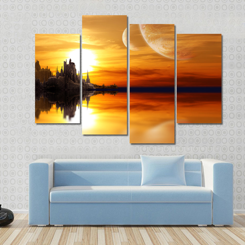 Alien Planet Sunset with Twin Moons Canvas Wall Art