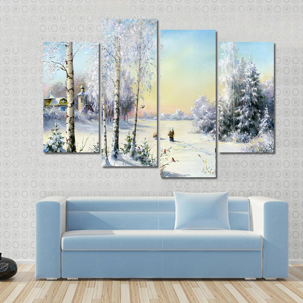 Frozen Lake In Winter Village Canvas Wall Art
