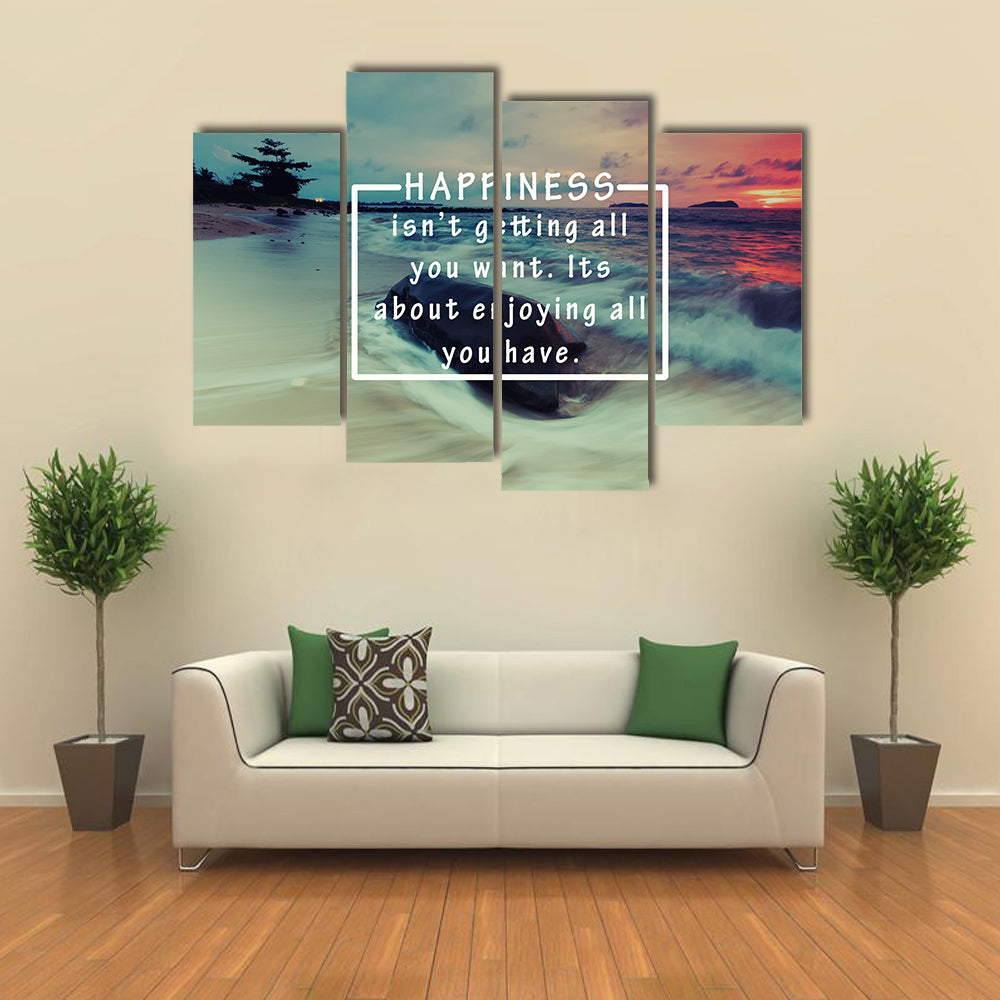 Happiness Quote Over Sunset Beach Canvas Wall Art