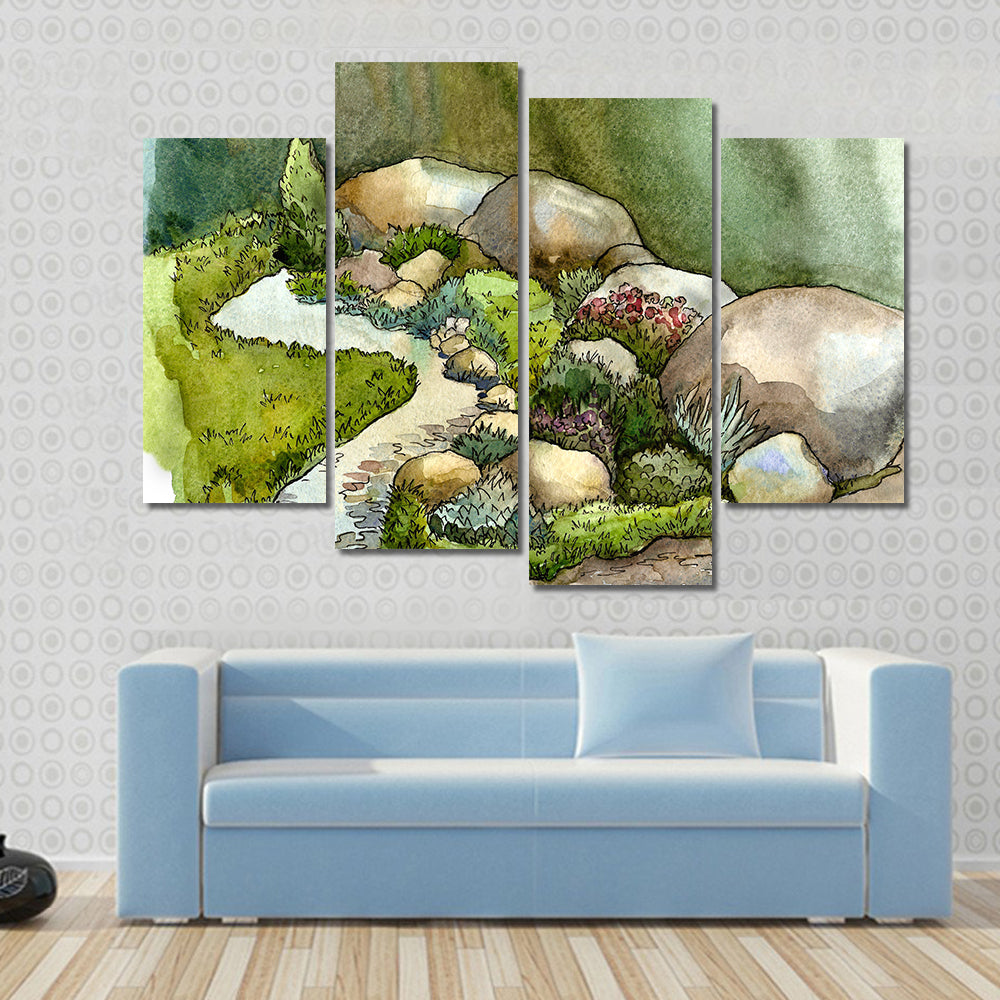 Watercolor Creek in Rock Garden Canvas Wall Art