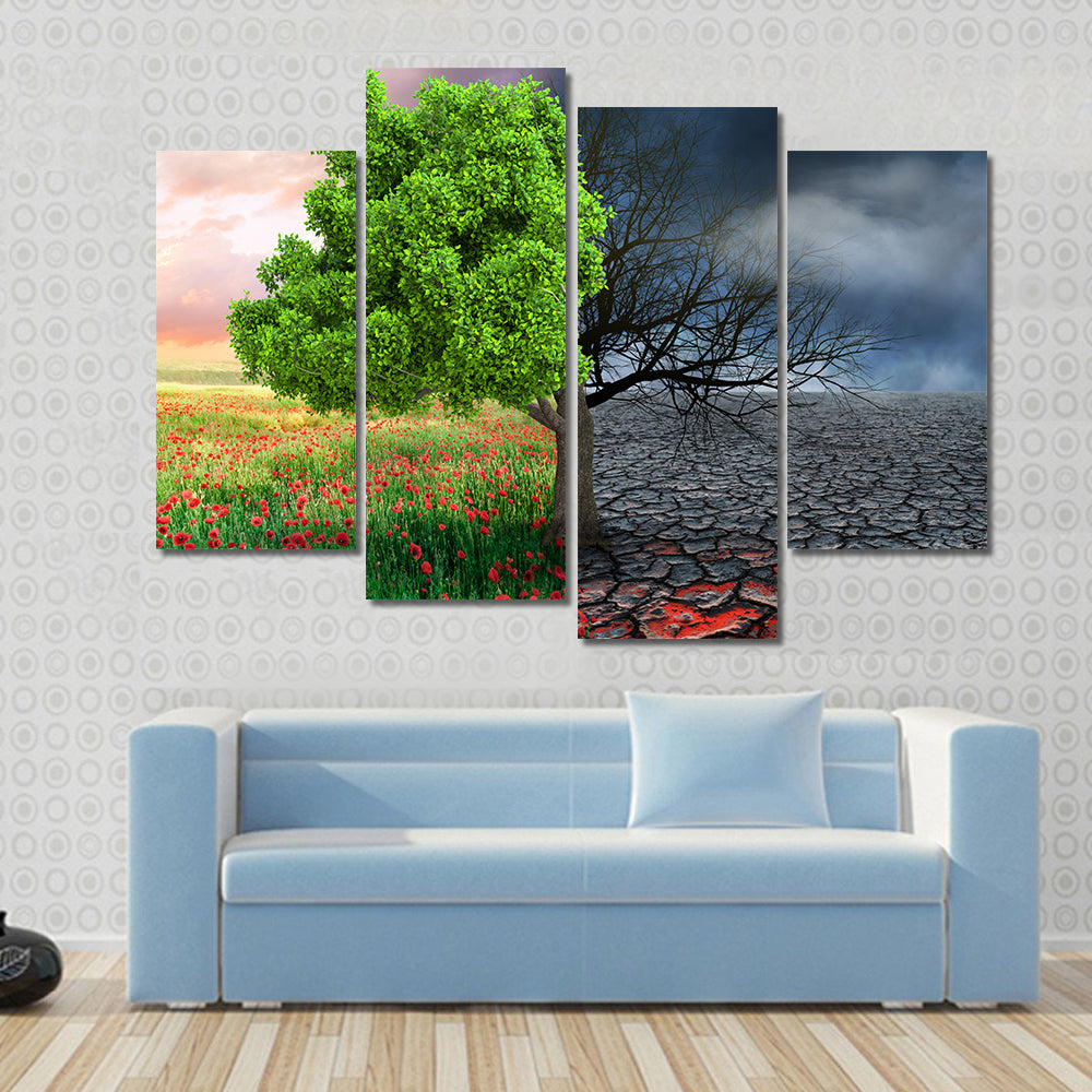 Split Tree with Poppies and Cracked Earth Canvas Wall Art