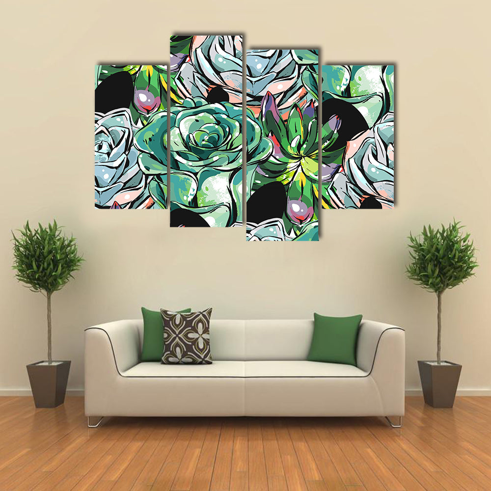 Succulent Cacti Flowers Pattern Canvas Wall Art