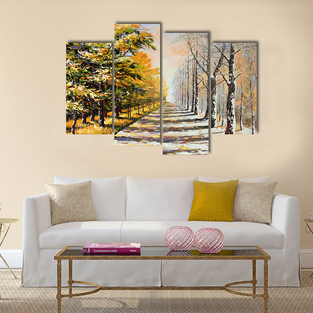 Autumn Walkway with Snow Canvas Wall Art