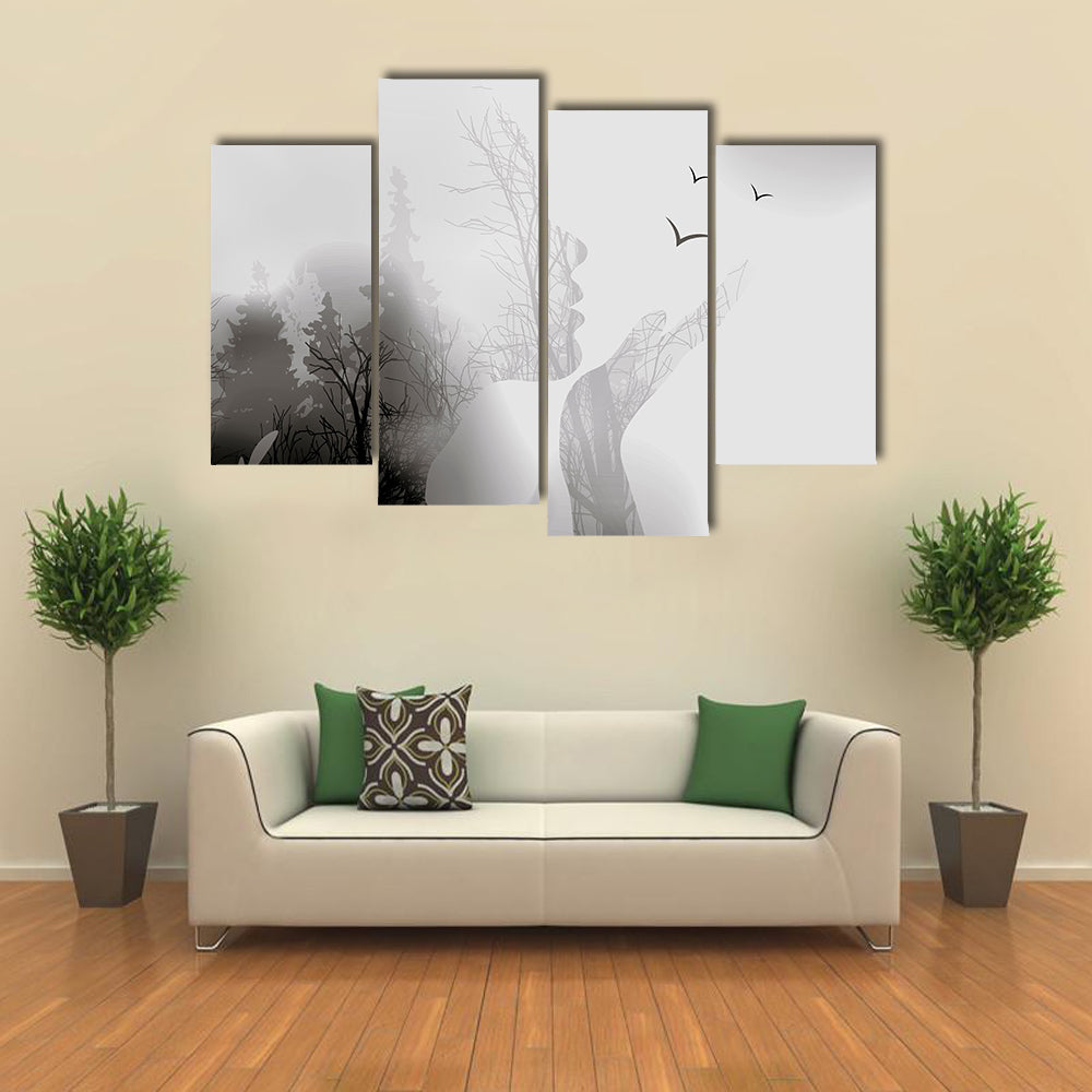 Woman Silhouette with Forest and Birds Canvas Wall Art