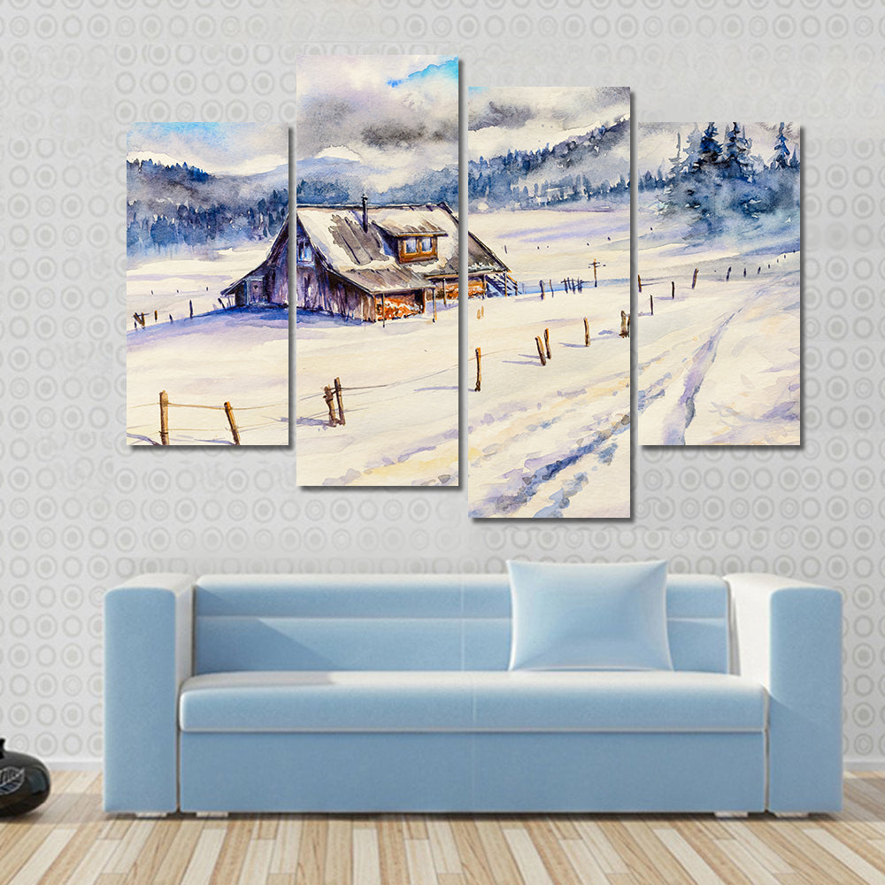 Snowy Cottage in Winter Mountains Canvas Wall Art