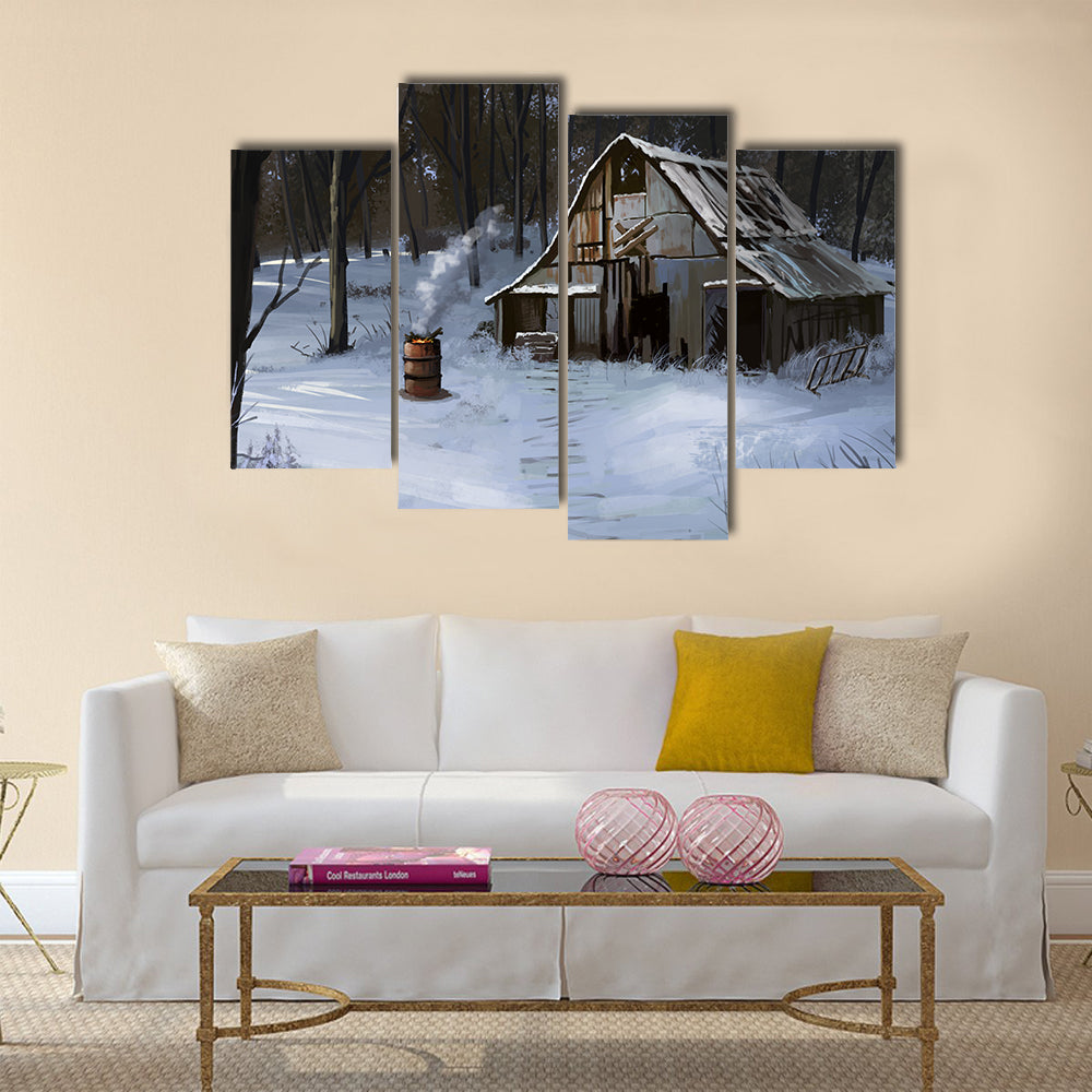 Small Cottage House In The Winter Forest Canvas Wall Art
