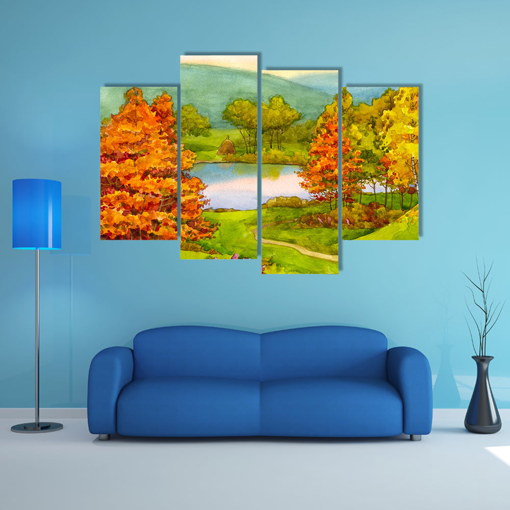 Watercolor Autumn Landscape with Winding Path Canvas Wall Art