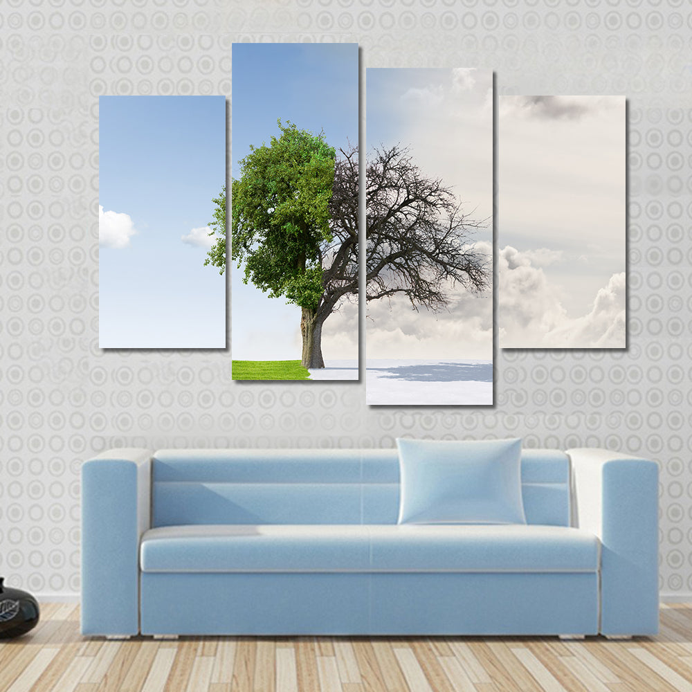 Tree Split Between Summer and Winter Canvas Wall Art