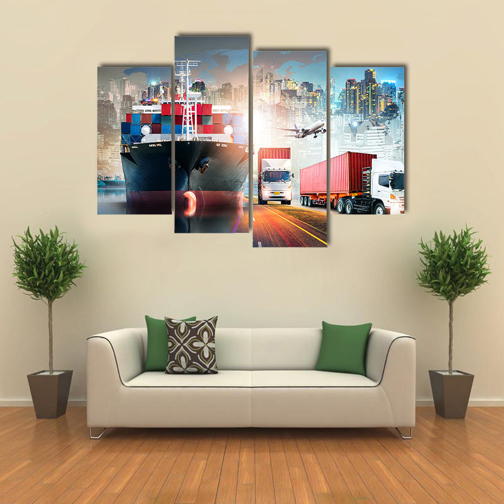 Global Logistics Collage with Cargo Ship and Containers Canvas Wall Art