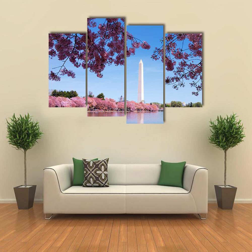 Cherry Blossom And Washington Monument Over Lake Canvas Wall Art