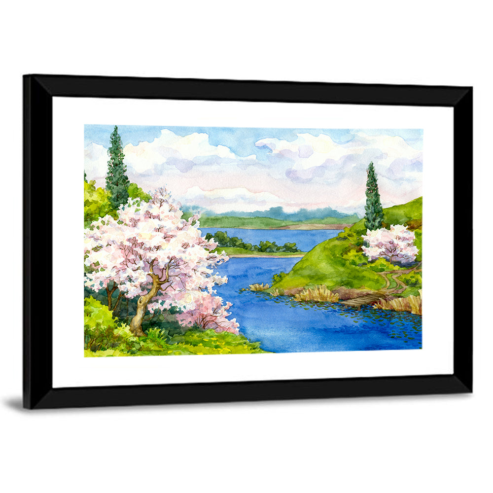 Watercolor Spring Cherry Blossom Landscape Canvas Wall Art
