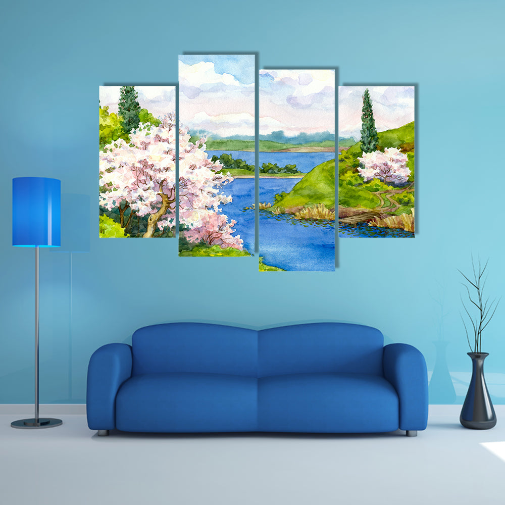 Spring Cherry Blossom Lake Landscape Canvas Wall Art in green, blue and pink, 4 panel Pop layout hung on a wall