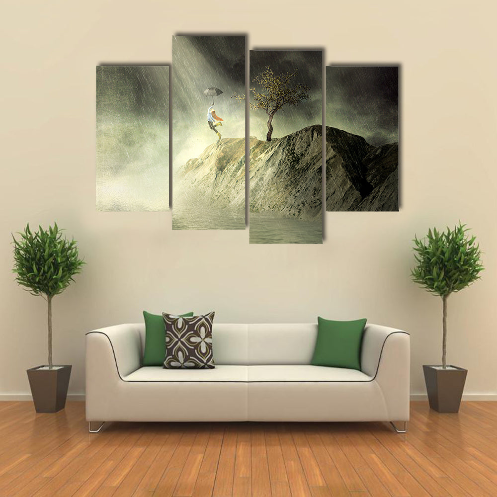 Person with Umbrella on Rainy Cliff Canvas Wall Art