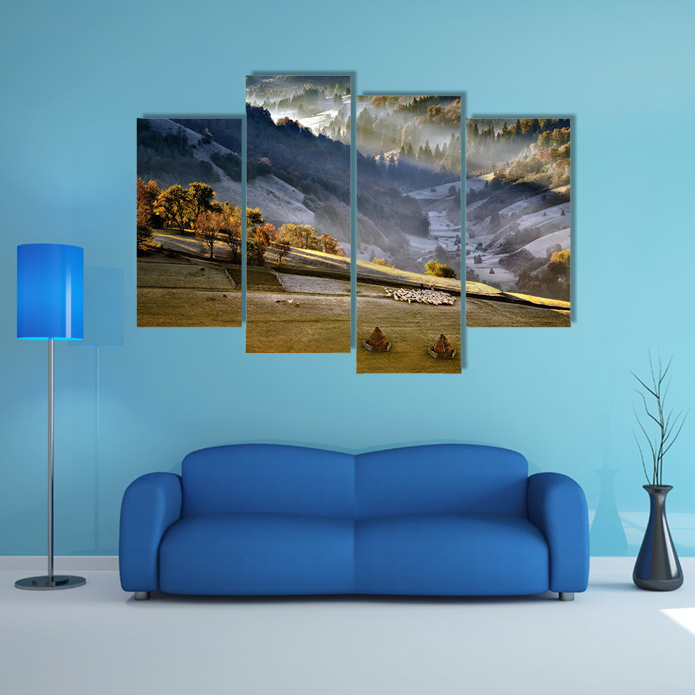 Shepherd With Sheep Heard In The Mountains Of Romania Canvas Wall Art
