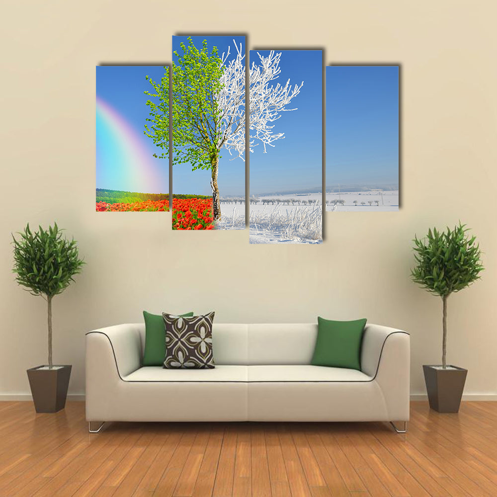Split-season Tree with Poppies and Snow Canvas Wall Art