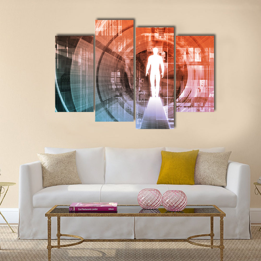 Technology Gateway with Glowing White Figure Canvas Wall Art in white, orange and blue, framed print, product view on a white background
