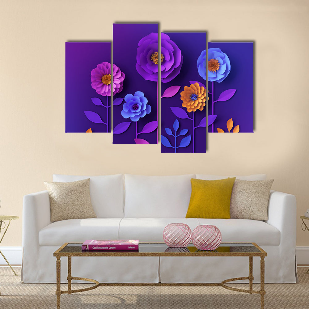 3D Colorful Neon Paper Flowers Canvas Wall Art