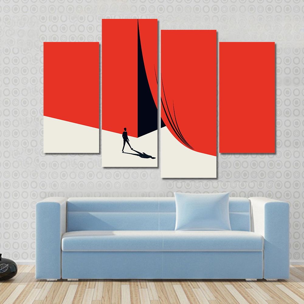 Man Walking Across Red Minimalist Landscape Canvas Wall Art