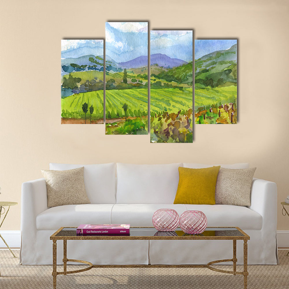 Watercolor Vineyard Landscape Canvas Wall Art