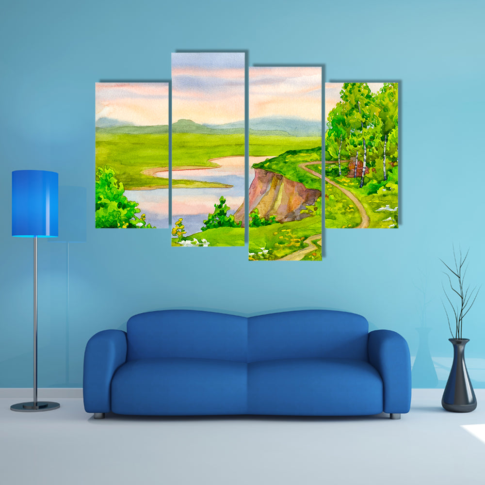 Watercolor Spring Landscape Canvas Wall Art in green, blue and pink, framed canvas, product view on a white background