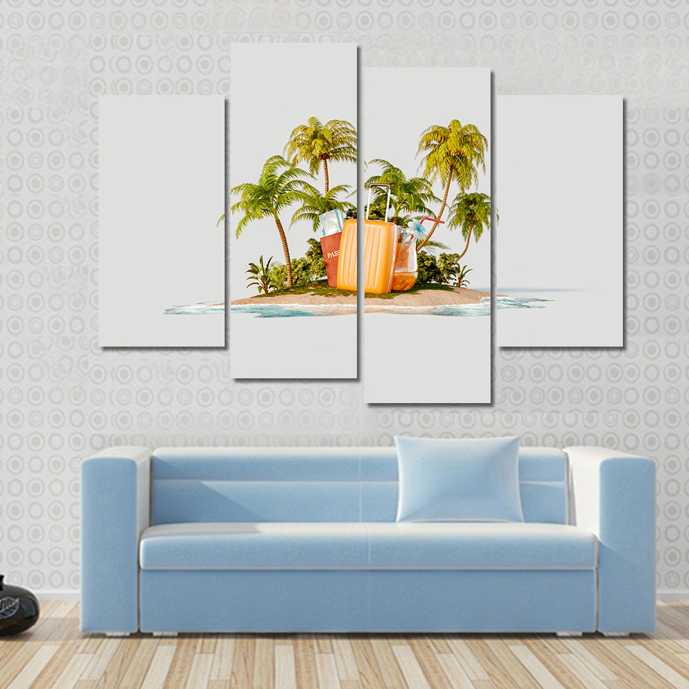 Tropical Island with Bright Orange Suitcase Canvas Wall Art