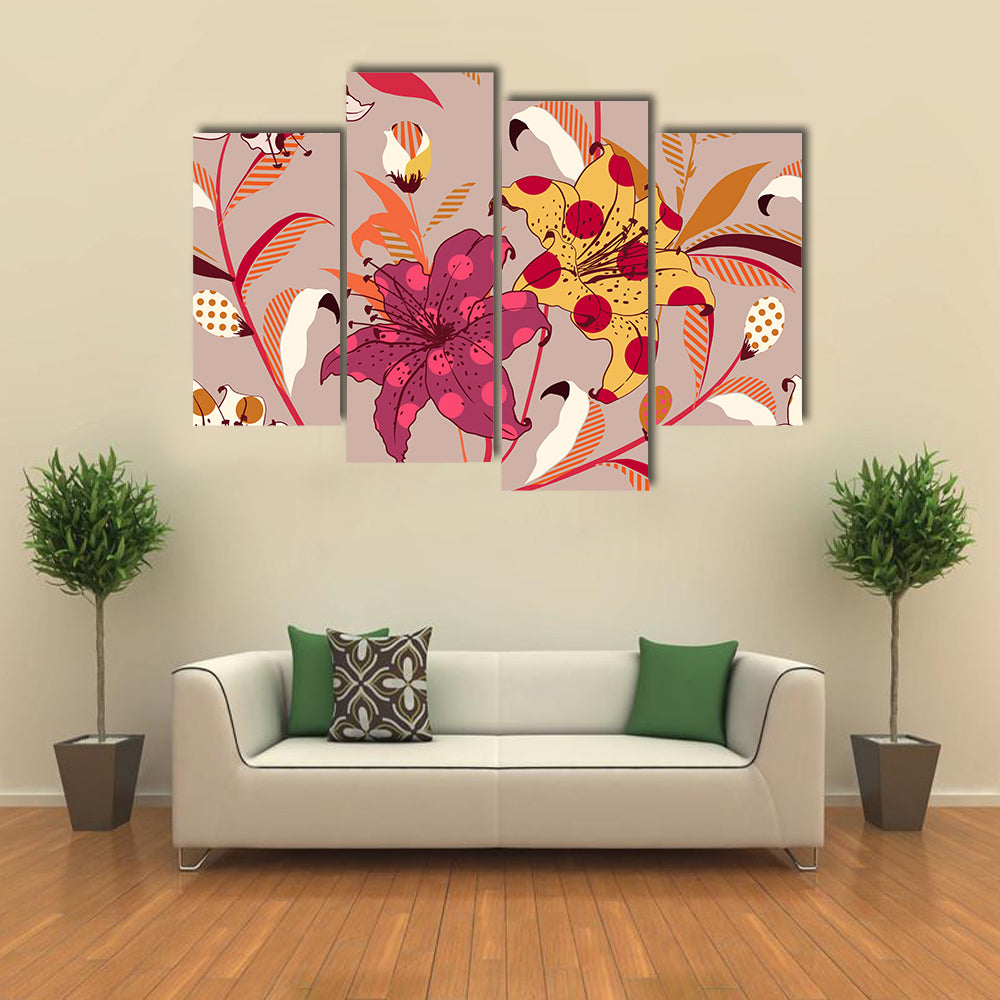 Retro Polka-dot Lily Pattern Canvas Wall Art