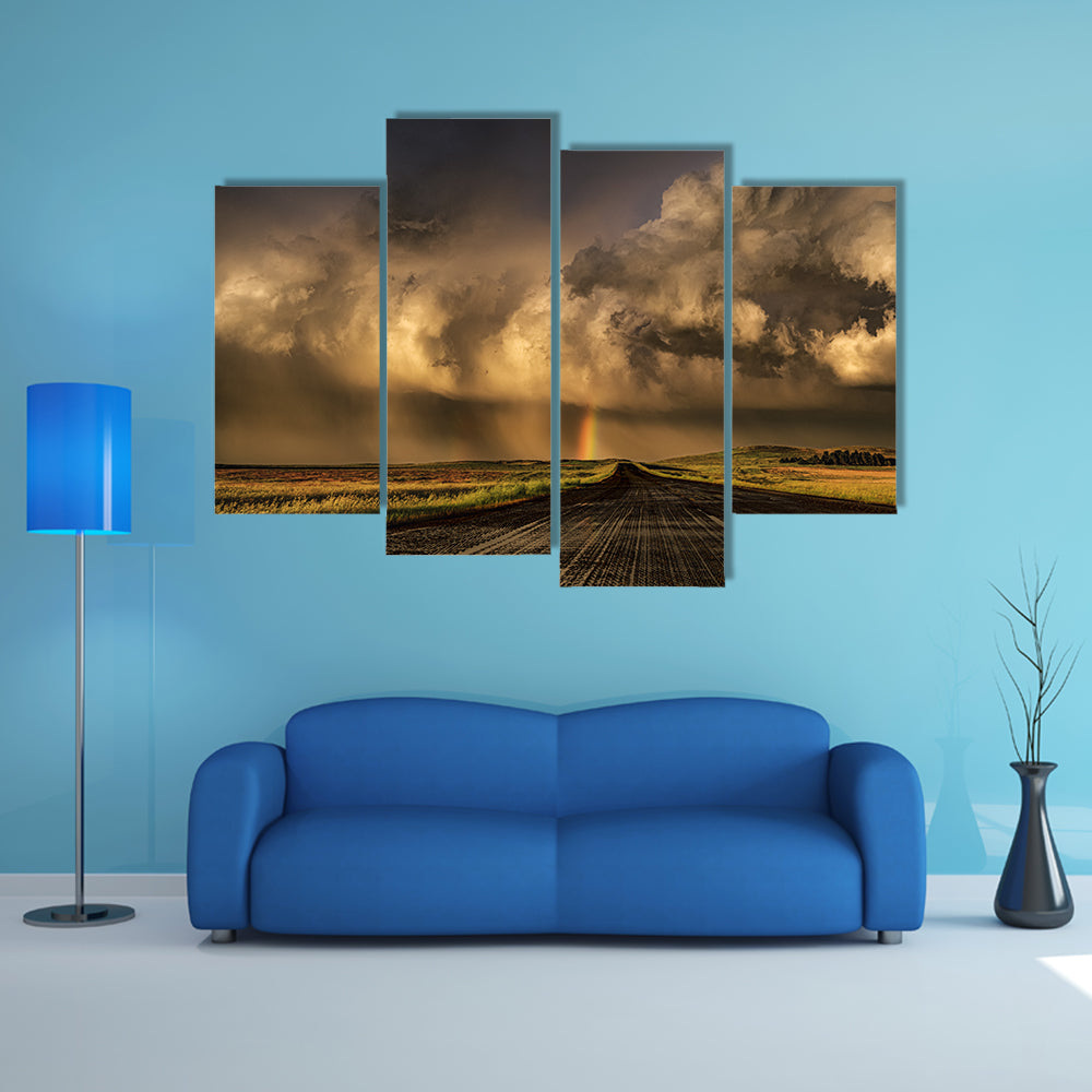 Travel Through South Dakota Border  Near Lemmon Town Canvas Wall Art in black, gray and orange, 4 panel Pop layout hung on a wall