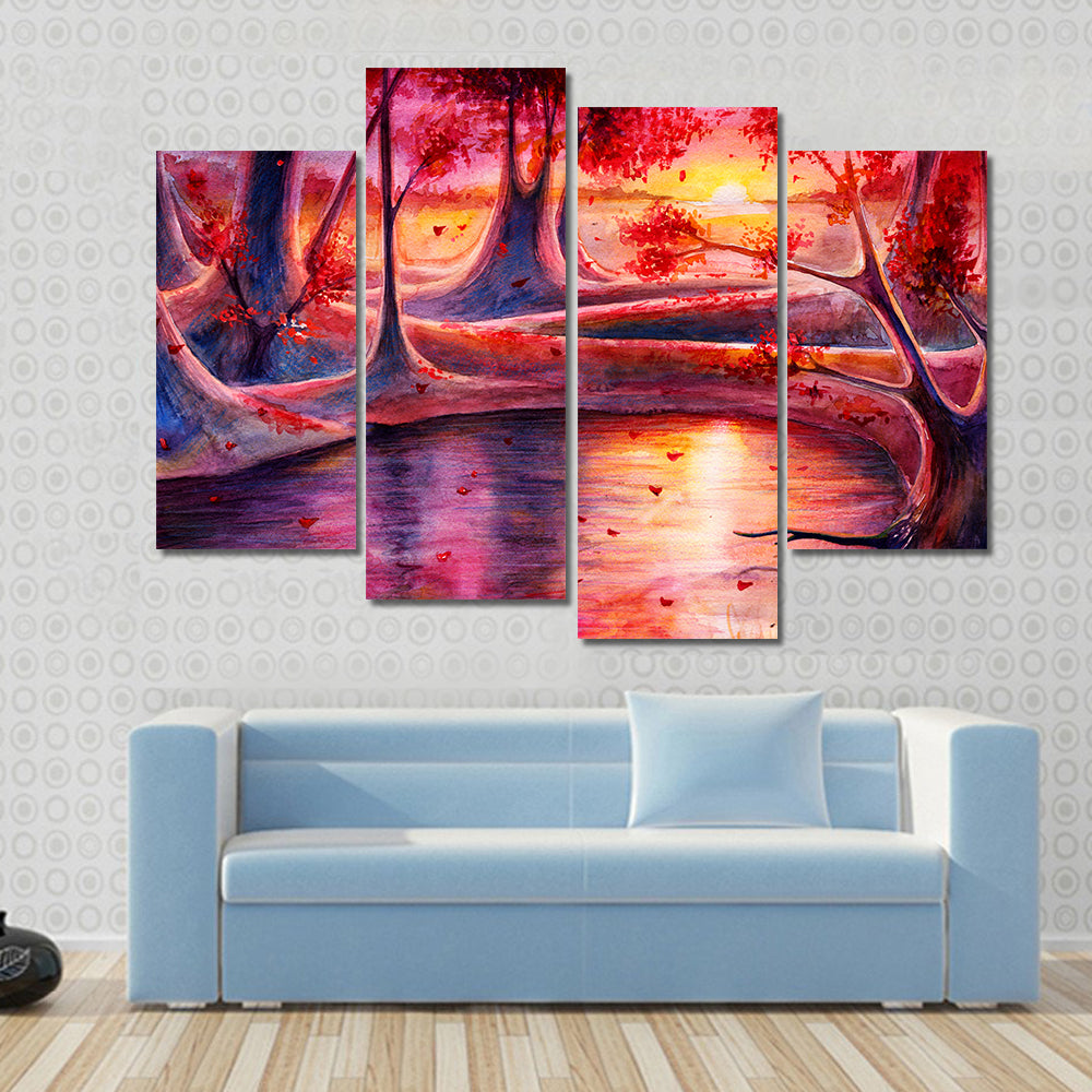 Autumn Lake Forest Watercolor Canvas Wall Art