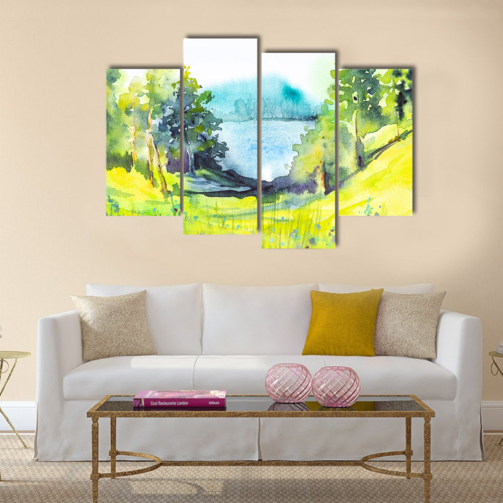Watercolor Forest By Lake Canvas Wall Art
