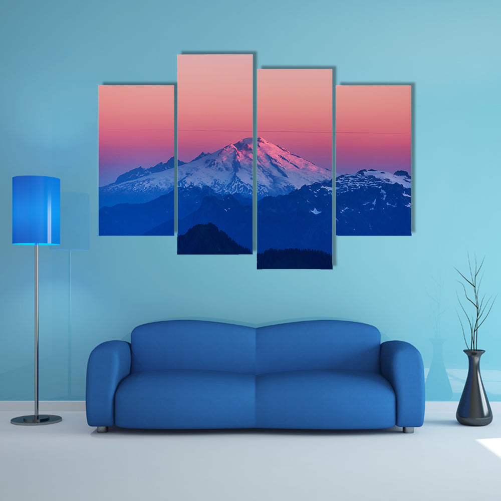 Mountain Peak In North Cascade Range Washington Canvas Wall Art in black, white and pink, 4 panel Pop layout hung on a wall