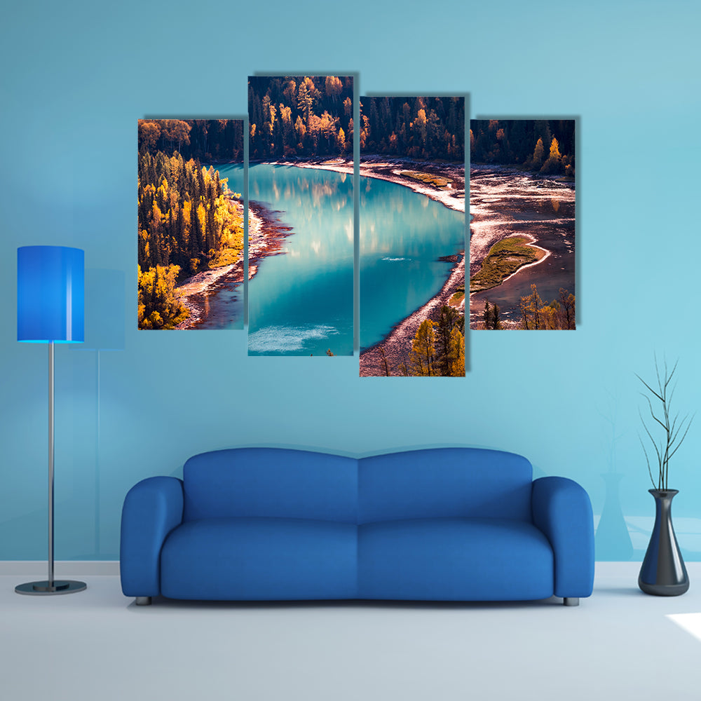 Xinjiang Kanas River In China Canvas Wall Art in green, turquoise and blue, 4 panel Pop layout hung on a wall