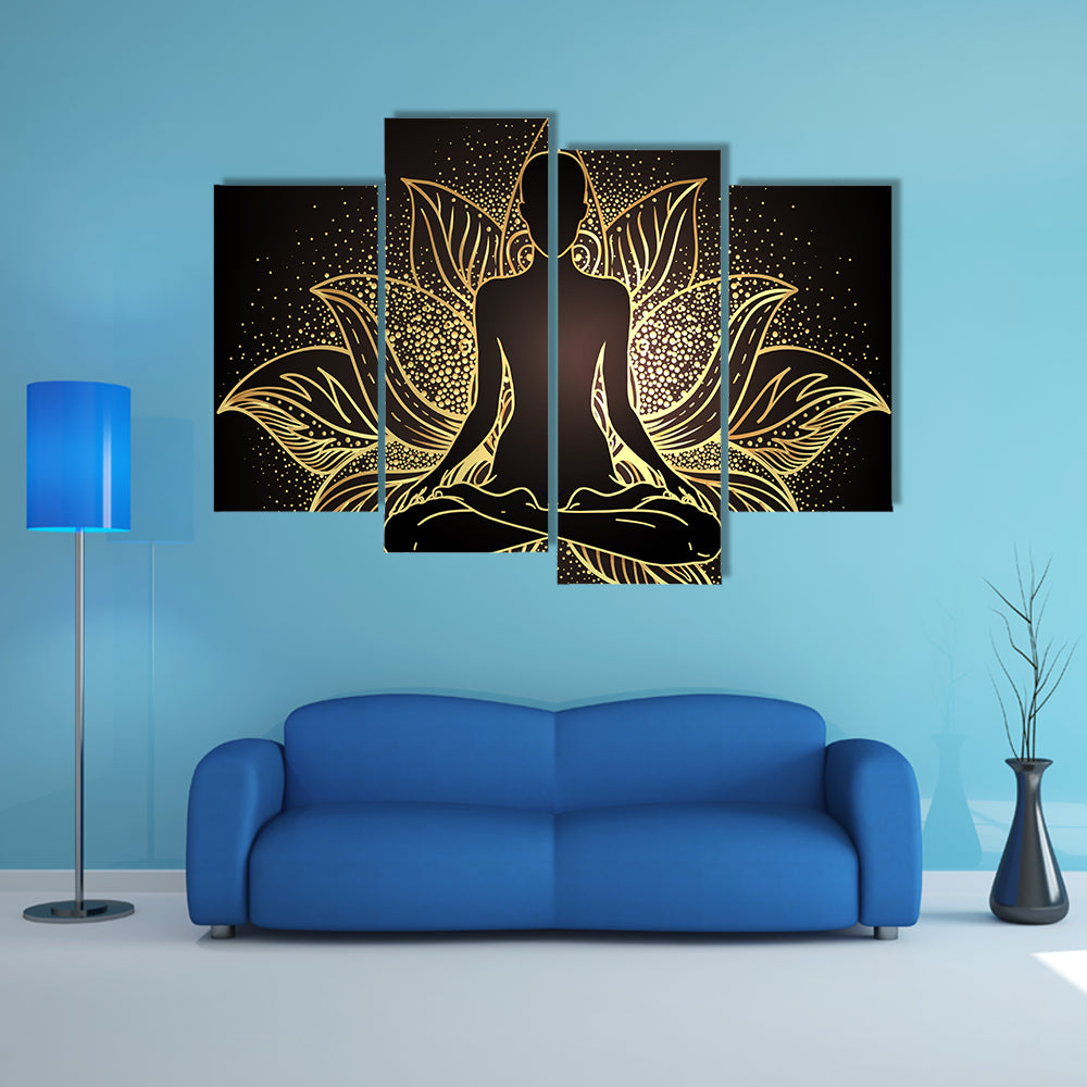 Silhouette In lotus Position Over Ornate Mandala Canvas Wall Art