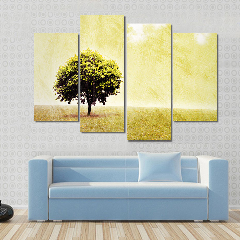 Lone Tree in Yellow Meadow Canvas Wall Art