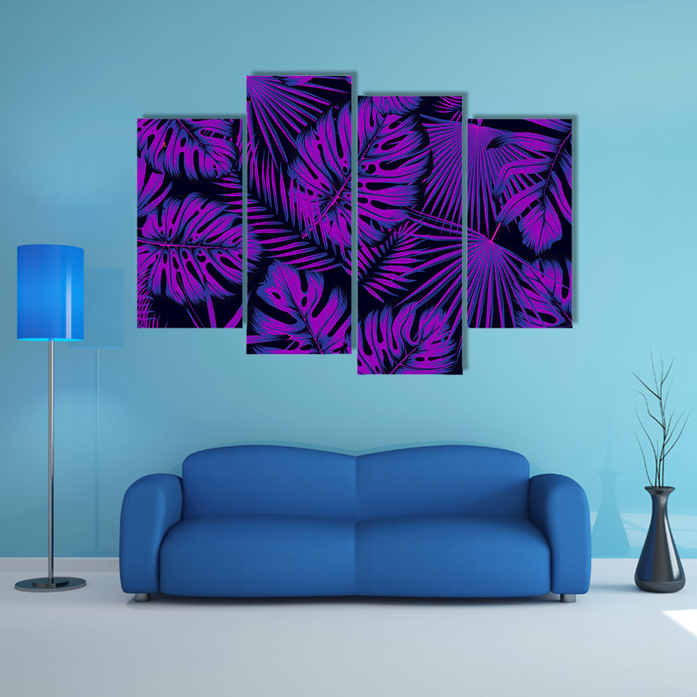 Neon-edged Tropical Leaves Pattern Canvas Wall Art